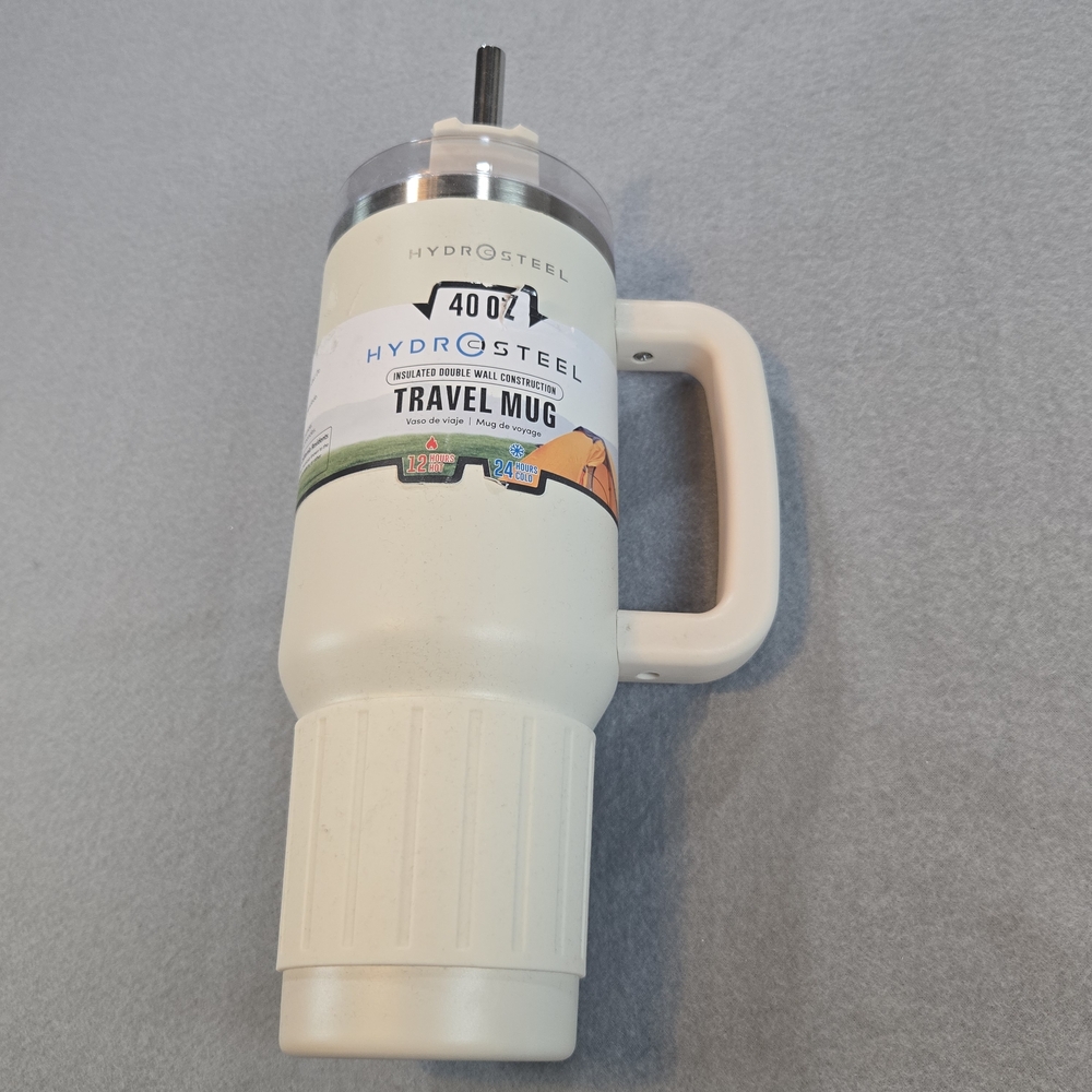 HydroSteel Travel Mug Unisex 40 oz Cream Insulated Stainless Steel Tumbler Straw